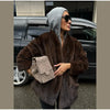 Women's Oversized Coats V-neck Long Sleeve Pocket Faux Fur Jackets Winter Female Furry Solid Loose Fitting Jacket Outerwears