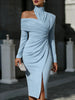Women's White Off Shoulder Asymmetric Bodycon Dresses Autumn High Collar Cutout Long Sleeve Ruched Slit Slim Midi Dress