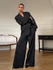 Elegant Stripe Sequin Blazer Jackets Trousers Set Lapel Long Sleeve Coat Wide Leg Long Pants Chic Female Matching Sets