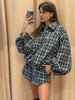 Chic Plaid Shorts Set Women Lapel Long-sleeved Zipper Jacket Short Pants Sets Lady Spring Daily Street Outfits