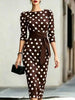 Elegant Women Office Party Midi Dress Polka Dot 3/4 Sleeve Pencil Dresses Spring Round Neck With Belt Slim Dress Robe