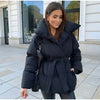 Lace Up Hooded Cotton Coat Women Casual Stand Collar Single Breasted Pocket Loose Warm Coats Lady Winter Street Outwear