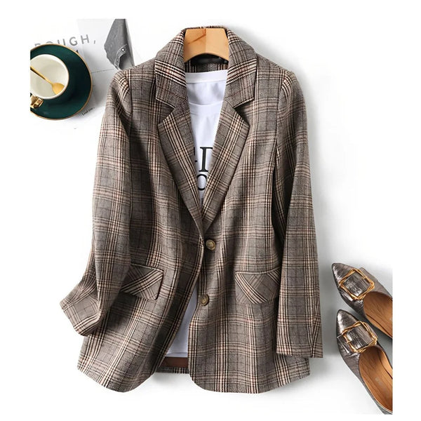 Spring Autumn Plaid Women Blazer Long Sleeve Business Work Wear Ladies Suits Casual Jacket Woman Tops