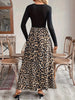 A women's black buckle long-sleeved stitched leopard print pendulum dress, retro casual style thin long skirt