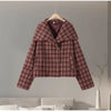 Checkered Women Short Trench Coat Lapel Double‑Breasted Belted Waist Jacket Autumn Retro Lady Outerwear