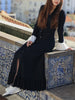 Dark Blue Knitted Robe Women Long Sleeve Slim A-Line Splices Mid-Length Dress
