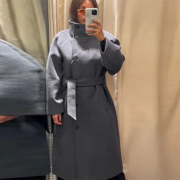 Women's Elegant Long Woolen Coat Chic Casual Stand Collar Lace-up Overcoat Winter Daily Commuting Outerwear