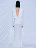 White Swinging Collar Long Dress For Women Ruched High Waist Long Sleeves Slim Elegant Evening Party Gowns