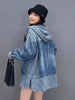Retro Denim Hooded Coats for Women Blue Single Breasted Mid-length Loose Autumn Jackets