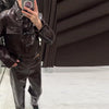 Leather Women's Pants Sets Chic Laple Single Breasted Long Sleeve Jackets Elastic Waist Straight Pants Suit Lady Outfits