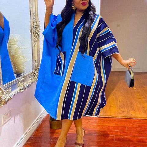 Elegant Colorblock Striped Printed Bubu Dresses Ordinary Kaftan V Neck Loose Batwing Sleeves Africa Traditional Women Event Gown