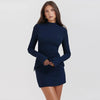 Dark Blue Two Pocket Sexy Mini Dress For Women Autumn Winter Long Sleeve Bodycon Club Party Dress Elegant