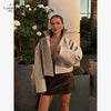 Beige Croc Leather Cropped Jacket Y2k Stand Collar Long Sleeve Wide Cuff Oversize Coat Autumn Street Daily Casual Outerwear
