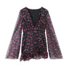 Women Chic Floral Print Deep V Neck Long Sleeved Waist Cinching Dress Layered Ruffle Hem Mini Dresses Elegant Party Daily Robes