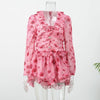 Women Elegant Floral A-line Pleated Dress Sexy Long-sleeved Waist Cinching Ruffle Mini Dresses Lady Vacation Street Gowns
