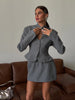 Women Grey Stand‑collar Keyhole Blazer Mini Skirt 2 Piece Set Chic Long‑sleeve Fitted Suit Lady Street Commute Outwear