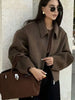 Brown Zipper Woolen Jacket For Women Elegant Lapel Long Sleeve Short Coats Vintage Autumn Lady Street Outerwear