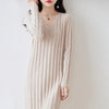 Women Pure Wool Sweater Dresses Long Sleeve Purllover 100% Merino Wool V-neck Knitwear Spring Autumn Grace Striped Dresses