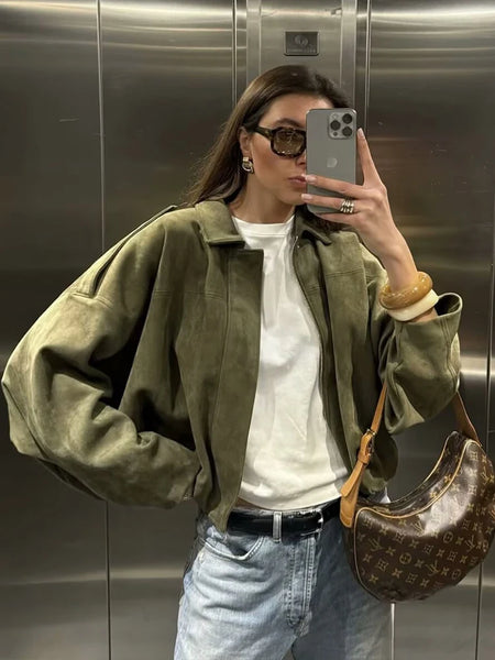 Women Green Suede Jacket Spring Long Sleeve Zipper Oversize Bomber Jackets Chic Female Street Casual Coats