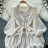 High End Party Ruffles Runway Dresses Women Lantern Sleeve Lace-up Loose Stretch Celebrity Beautiful Long Dress
