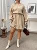 Plus Size Solid Buttons O-Neck Long Sleeve Shirt Dress Women Autumn Elastic Waist Casual Ruffle Hem Short Dresses