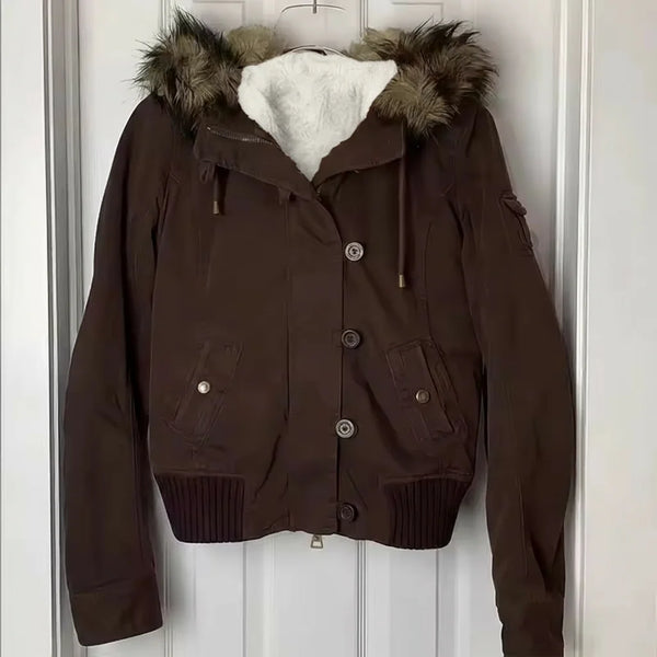 Gothic American Vintage Y2K Fur Lined Warm Jacket Womens Brown Zipper Hooded Coat Autumn and Winter Warm Casual Coats