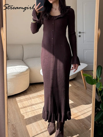 Brown Knitted Dresses For Women Maxi Elegant Trumpet Sleeves Knit Fishtail Dresses Women Long Ruffled Dresses Maxi