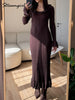 Brown Knitted Dresses For Women Maxi Elegant Trumpet Sleeves Knit Fishtail Dresses Women Long Ruffled Dresses Maxi