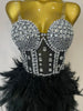 Stock Women Sexy Sparkly Rhinestone Mesh Feather Long Dress Elegant Evening Party Celebrate Birthday Performance Costume