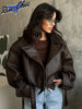 Retro Solid Lace Up Leather Short Jackets Women Chic Lapel V-neck Waist Cinching Cropped Jackets Lady Daily High Street Outwear