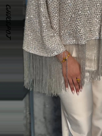 Sequined Tassel Oversized Shawl Tops Women Sexy Roud Neck Long Sleeve Shining Loose Fitting Capes Chic Ladies Partywear Clubwear