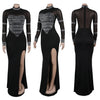 Women Full Sleeve Diamonds Mesh Rhinestones High Side Split Mermaid Maxi Long Dress Evening Sexy Party Dresses Vestidos