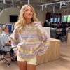 Hooded Rainbow Striped Knitted Cardigan Colorful Drop Shoulder Zipper Pockets Loose Sweater Autumn Women Sweet Casual Coat