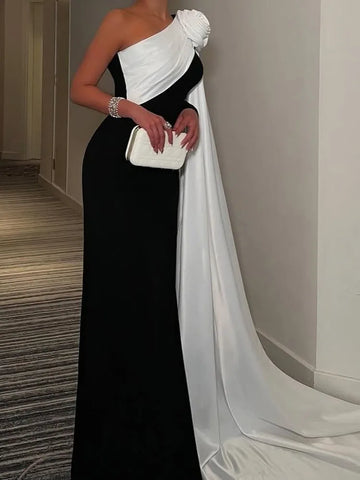 Casual Color Blocked Slim Long Dress Elegant One Shoulder Long Sleeve Gowns Dress Women HIght Waist Draped Mermaid Dress