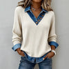 Women Pullover Knitted Top Fake Two Pieces Denim Patchwork Sweater Turn Down Collar Knitwear Spring Autumn Knit Tops Streetwear