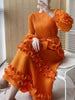 Elegant Women Pleated Dress O Neck 3D Floral Long Sleeves Fungus Spliced Design A-line Dresses Party 2AA1375