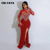 Women Long Sleeve Diamonds Rhinestones High Side Split Mermaid Midi Maxi Dress Even Sexy Party Dresses Vestidos