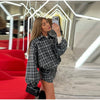 Women Casual Plaid Shorts Set Lapel Long-sleeved Zipper Jacket Short Pants Suit Lady Spring Daily Loose Outfits