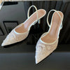 Brand Designer White Women Pumps Mesh Embroidered Flowers Back Strap Sexy Slingback High Heels Dress Wedding Shoes for Ladies