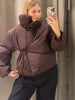 Stand Collar Cotton Jackets For Women Casual Long Sleeve Side Lace Up Coats Lady Winter Street Warm Chic Outerwear