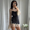 Elegant Lace Patchwork Short Dress Women See Through High Collar Flare Sleeve Party Dresses Autumn Lady Evening Robes