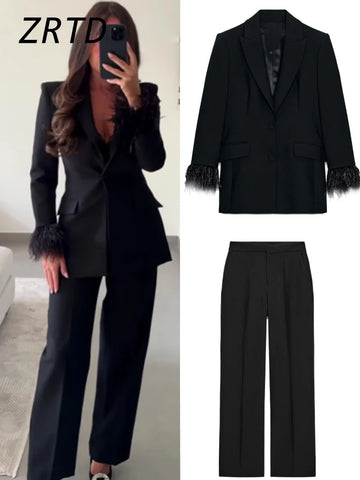 Elegant Feather Blazer Pants Sets Women Shoulder Pads Cinched Waist Suit Jackets Wide Leg Pant Autumn Lady Commute Suits