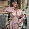 Autumn Elegant Printed Satin Long Dress Women Slim Lace Up V-neck Full Sleeve Pleat Dresses Lady Party Evening Robes
