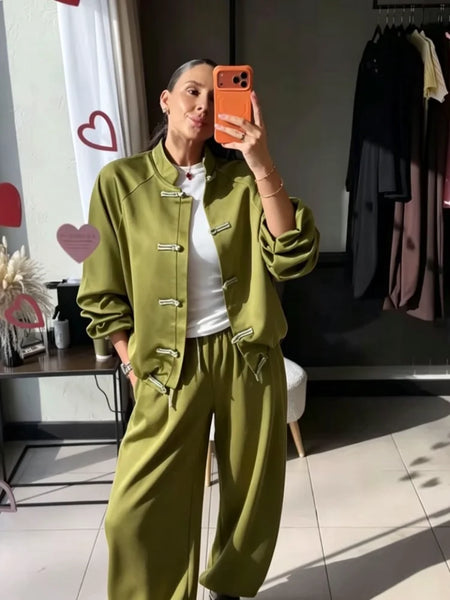 Casual Coats Pants Sets Women Loose Long Sleeves Single Breasted Elastic Waist Knot Suits Female Spring Solid Set Lady