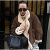 French Vintage Lamb Wool Women Coat Patchwork Full Sleeve Lapel Parka Coat Loose Winter Warm Jacket Thicken Pocket Lady Overcoat