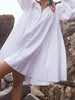 Women's White Stand Collar Pleated Mini Dresses Long Puff Sleeves Buttoned Oversized Casual Cotton Shirts Dress
