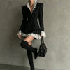 Women Black Double Breasted Blazer Dress Lace Ruffle Collar Cuffs Hem Peplum Slim Coat For Cocktail Party Elegant Evening Wear