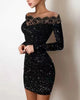 Spring Women's, Elegance, Leisure, Sexy Long sleeved Lace Edge, One Shoulder Silver Powder Sprinkled Dress