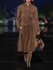 Female Elegant Turndown Collar Sequin Tweed Jacket Sets Belt Single Breasted Autumn Coat Two-Piece Set Mid-Calf Skirts Outfits