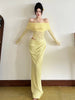 Slash Neck Dress Women Chic Elegant Sexy Patchwork Mesh Ruched Hollow Birthday Party Clubwear Vacation Vestidos